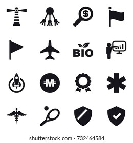 16 vector icon set : lighthouse, share, dollar magnifier, flag, plane, bio, presentation, rocket, crypto currency, medal, tennis