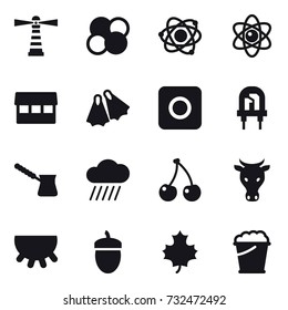 16 vector icon set : lighthouse, atom core, atom, market, flippers, ring button, turk, rain cloud, cherry, cow, udder, acorn, maple leaf, foam bucket