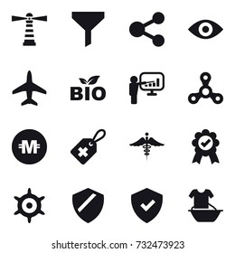 16 vector icon set : lighthouse, funnel, share, eye, plane, bio, presentation, spinner, crypto currency, handwheel, handle washing