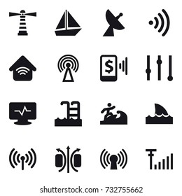 16 vector icon set : lighthouse, boat, satellite antenna, wireless, wireless home, antenna, mobile pay, equalizer, pool, surfer, shark flipper