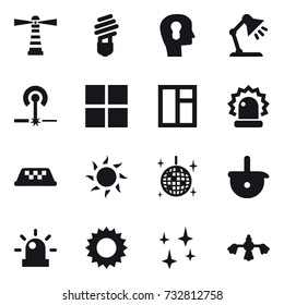 16 vector icon set : lighthouse, bulb, bulb head, table lamp, laser, window, taxi, sun, disco ball, shining, hard reach place cleaning