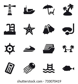 16 vector icon set : lighthouse, lounger, island, pool, starfish, flippers, diving mask, handwheel, jet ski, cruise ship, palm hammock, inflatable mattress, jellyfish