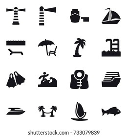 16 vector icon set : lighthouse, sail boat, lounger, palm, pool, flippers, surfer, life vest, cruise ship, yacht, palm hammock, windsurfing, fish