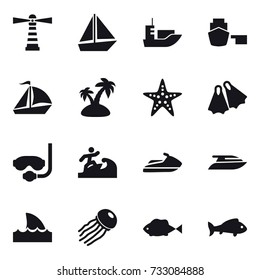 16 vector icon set : lighthouse, boat, sail boat, island, starfish, flippers, diving mask, surfer, jet ski, yacht, shark flipper, jellyfish, fish