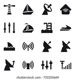16 vector icon set : lighthouse, boat, satellite antenna, wireless home, equalizer, sail boat, pool, jet ski, shark flipper, wireless
