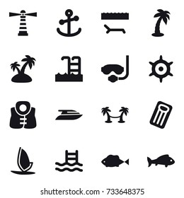 16 vector icon set : lighthouse, lounger, palm, island, pool, diving mask, handwheel, life vest, yacht, palm hammock, inflatable mattress, windsurfing, fish 16 vector icon set : lighthouse, lounger, palm, island, pool, diving mask, handwheel, life vest, yacht, palm hammock, inflatable mattress, windsurfing, fish