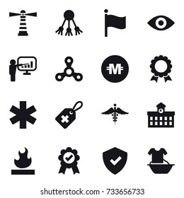 16 vector icon set : lighthouse, share, flag, eye, presentation, spinner, crypto currency, medal, university, handle washing