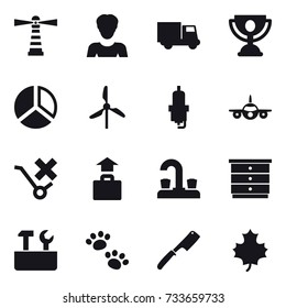 16 vector icon set : lighthouse, woman, truck, trophy, diagram, windmill, spark plug, baggage, water tap, chest of drawers, repair tools, pets, chef knife, maple leaf