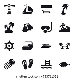 16 vector icon set : lighthouse, sail boat, lounger, palm, island, flippers, diving mask, surfer, handwheel, cruise ship, yacht, palm hammock, jellyfish, flip-flops, pool