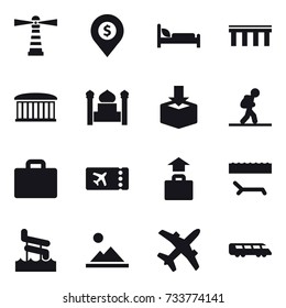 16 vector icon set : lighthouse, dollar pin, bridge, airport building, minaret, tourist, suitcase iocn, ticket, baggage, lounger, aquapark, landscape