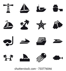 16 vector icon set : lighthouse, boat, sail boat, island, starfish, flippers, diving mask, jet ski, cruise ship, yacht, palm hammock, shark flipper, jellyfish
