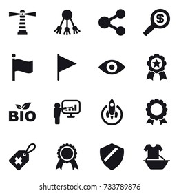 16 vector icon set : lighthouse, share, dollar magnifier, flag, eye, medal, bio, presentation, rocket, handle washing