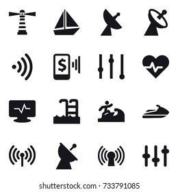 16 vector icon set : lighthouse, boat, satellite antenna, wireless, mobile pay, equalizer, pool, surfer, jet ski