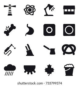 16 vector icon set : lighthouse, atom, table lamp, market, ring button, knife holder, turk, rain cloud, udder, maple leaf, foam bucket