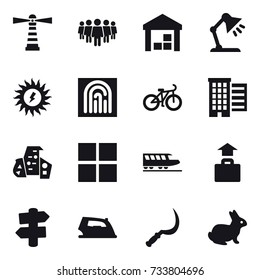 16 vector icon set : lighthouse, team, warehouse, table lamp, sun power, fingerprint, bike, houses, modern architecture, window, train, baggage, signpost, iron, sickle, rabbit