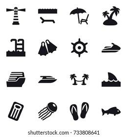 16 vector icon set : lighthouse, lounger, island, pool, flippers, handwheel, jet ski, cruise ship, yacht, palm hammock, shark flipper, inflatable mattress, jellyfish, flip-flops, fish