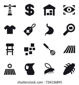 16 vector icon set : lighthouse, dollar, warehouse, eye identity, t-shirt, chair, whisk, field, jug, wasp, bug
