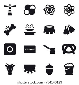 16 vector icon set : lighthouse, atom core, atom, fountain, stadium, flippers, ring button, welcome mat, turk, cow, udder, acorn, foam bucket