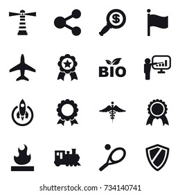 16 vector icon set : lighthouse, share, dollar magnifier, flag, plane, medal, bio, presentation, rocket, train, tennis, shield