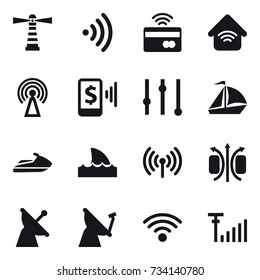 16 vector icon set : lighthouse, wireless, tap to pay, wireless home, antenna, mobile pay, equalizer, sail boat, jet ski, shark flipper