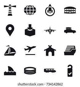 16 vector icon set : lighthouse, globe, rocket, airport building, plane, car baggage, sail boat, departure, bungalow, cruise ship, shark flipper, inflatable pool, please clean
