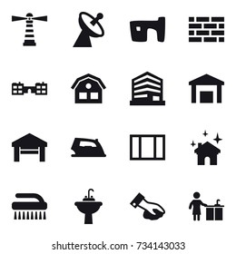 16 vector icon set : lighthouse, satellite antenna, slum, brick wall, school, house, garage, iron, window, house cleaning, brush, water tap sink, wiping, kitchen cleaning
