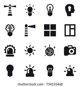 16 vector icon set : lighthouse, bulb, bulb head, bulb brain, window, sun, disco ball, camera, alarm