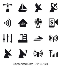 16 vector icon set : lighthouse, boat, satellite antenna, wireless, wireless home, antenna, mobile pay, equalizer, pool, jet ski