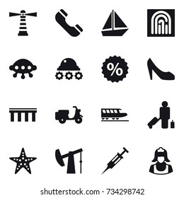 16 vector icon set : lighthouse, phone, boat, fingerprint, ufo, lunar rover, percent, shoes, bridge, train, passenger, starfish, syringe, cleaner