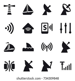 16 vector icon set : lighthouse, boat, satellite antenna, wireless, wireless home, mobile pay, equalizer, sail boat, shark flipper