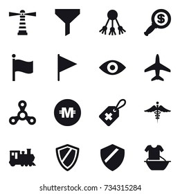 16 vector icon set : lighthouse, funnel, share, dollar magnifier, flag, eye, plane, spinner, crypto currency, train, shield, handle washing