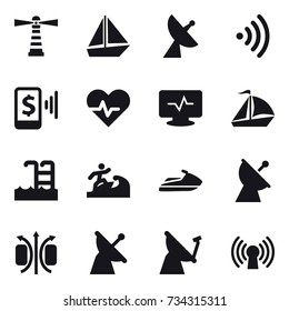 16 vector icon set : lighthouse, boat, satellite antenna, wireless, mobile pay, sail boat, pool, surfer, jet ski