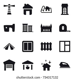 16 vector icon set : lighthouse, home, project, building, slum, district, gothic architecture, measuring tape, tent, power switch, radiator, window, garage, warehouse, house cleaning, iron