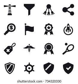 16 vector icon set : lighthouse, funnel, share, dollar magnifier, flag, medal, rocket, tennis, shield, handwheel