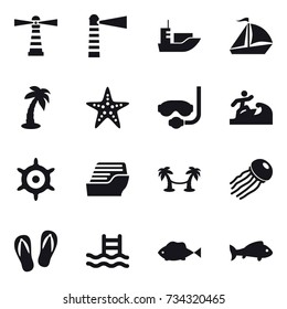 16 vector icon set : lighthouse, sail boat, palm, starfish, diving mask, surfer, handwheel, cruise ship, palm hammock, jellyfish, flip-flops, pool, fish
