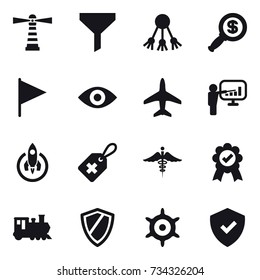 16 vector icon set : lighthouse, funnel, share, dollar magnifier, flag, eye, plane, presentation, rocket, train, shield, handwheel