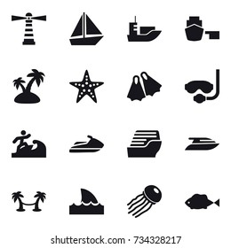 16 vector icon set : lighthouse, boat, island, starfish, flippers, diving mask, surfer, jet ski, cruise ship, yacht, palm hammock, shark flipper, jellyfish