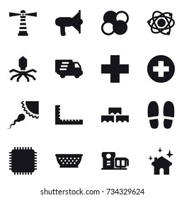 16 vector icon set : lighthouse, loudspeaker, atom core, atom, virus, delivery, ruler, block wall, slippers, kolander, house cleaning