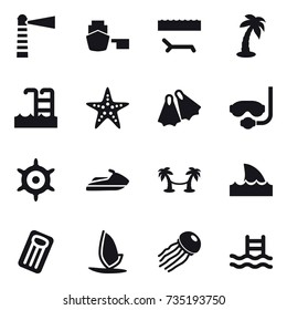 16 vector icon set : lighthouse, lounger, palm, pool, starfish, flippers, diving mask, handwheel, jet ski, palm hammock, shark flipper, inflatable mattress, windsurfing, jellyfish