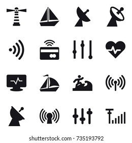 16 vector icon set : lighthouse, boat, satellite antenna, wireless, tap to pay, equalizer, sail boat, surfer