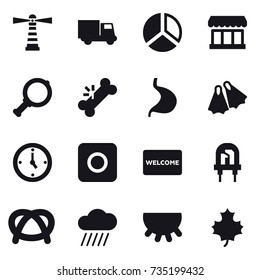 16 vector icon set : lighthouse, truck, diagram, market, magnifier, flippers, watch, ring button, welcome mat, rain cloud, udder, maple leaf