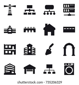 16 vector icon set : lighthouse, hierarchy, structure, server, bridge, home, bunker, modular house, building, construction, arch, garage, washing machine