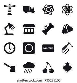 16 vector icon set : lighthouse, truck, atom, table lamp, market, flippers, watch, ring button, welcome mat, turk, rain cloud, cherry, maple leaf