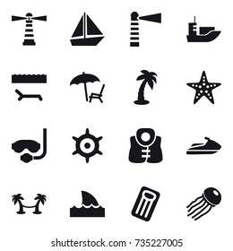 16 vector icon set : lighthouse, boat, lounger, palm, starfish, diving mask, handwheel, life vest, jet ski, palm hammock, shark flipper, inflatable mattress, jellyfish