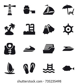 16 vector icon set : lighthouse, sail boat, lounger, island, pool, flippers, handwheel, life vest, jet ski, cruise ship, yacht, windsurfing, flip-flops