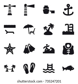 16 vector icon set : lighthouse, lounger, island, pool, starfish, flippers, surfer, life vest, palm hammock, flip-flops, fish