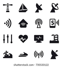 16 vector icon set : lighthouse, boat, satellite antenna, wireless, wireless home, antenna, mobile pay, equalizer, pool, surfer, jet ski