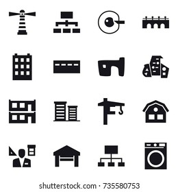 16 vector icon set : lighthouse, hierarchy, cell corection, bridge, building, bunker, slum, modern architecture, modular house, district, tower crane, house, architector, garage, washing machine