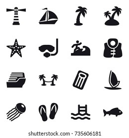 16 vector icon set : lighthouse, sail boat, palm, island, starfish, diving mask, surfer, life vest, cruise ship, palm hammock, inflatable mattress, windsurfing, jellyfish, flip-flops, pool, fish