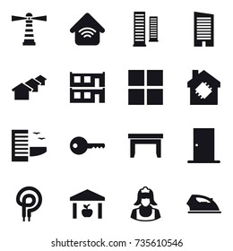 16 vector icon set : lighthouse, wireless home, skyscrapers, skyscraper, houses, modular house, window, smart house, hotel, key, table, door, warehouse, cleaner, iron